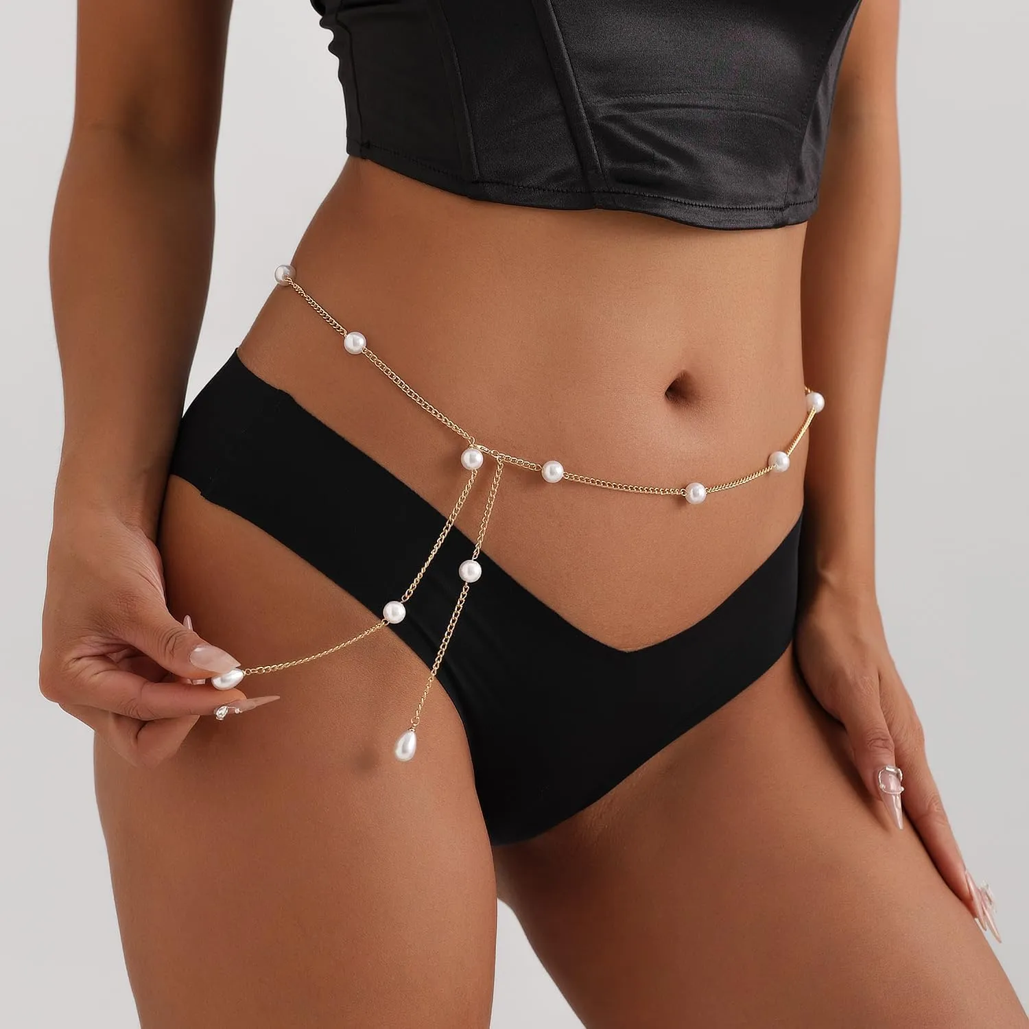 Bohemian Fake Pearl Bikini Body Chain for Women Adjustable Waterproof Belly Waist Jewelry Layered Cubic Zirconia Swimsuits Beach Chains Summer Festival Mermaid Party Accessories