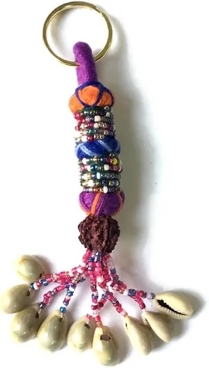 Bohemian Hand Knitted Keychain Keyrings For Women Boho Multicolored Beads, Cowrie & Rudraksh Gift Silk Thread Key Ring Girls