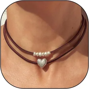 Bohemian Heart Beaded Suede Choker Necklace for Women Trendy Brown Leather Double Layered Adjustable Necklace Retro Beach Holiday Vacation Jewelry Gifts