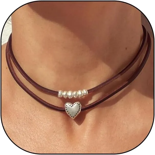 Bohemian Heart Beaded Suede Choker Necklace for Women Trendy Brown Leather Double Layered Adjustable Necklace Retro Beach Holiday Vacation Jewelry Gifts