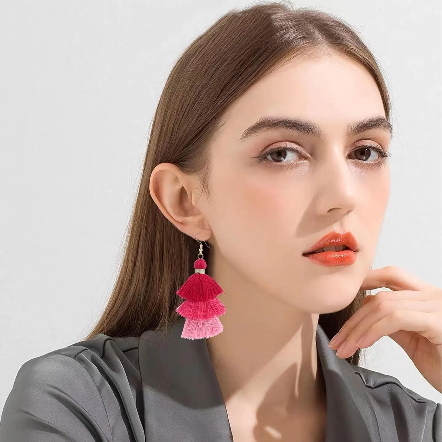 Bohemian Layered Multi Color Tassel Earrings for Women Colorful Triple Layers Tiered Gradient Tassel Dangle Drop Earrings Valentine Party Jewelry