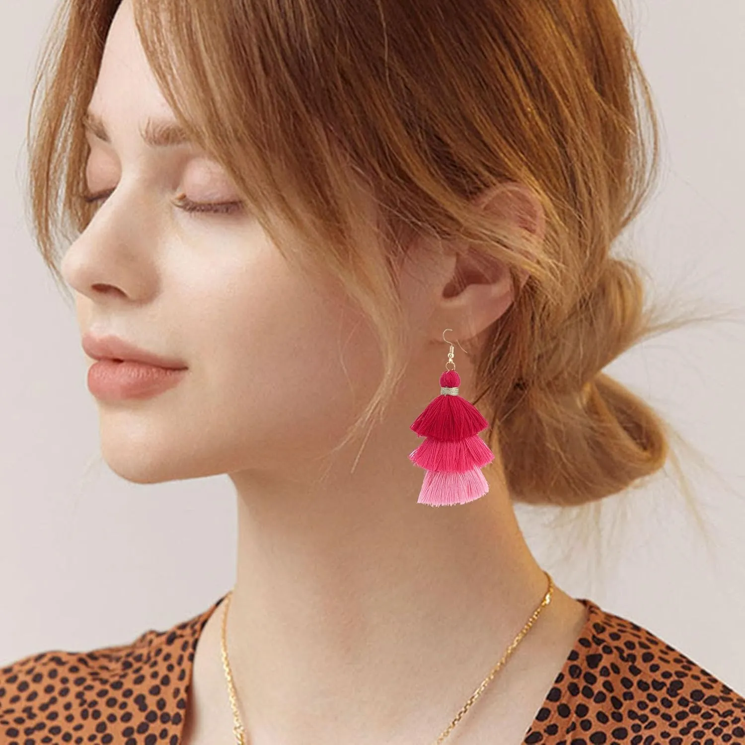Bohemian Layered Multi Color Tassel Earrings for Women Colorful Triple Layers Tiered Gradient Tassel Dangle Drop Earrings Valentine Party Jewelry