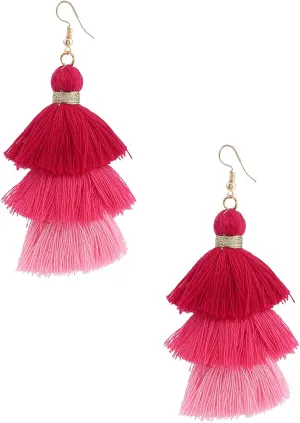 Bohemian Layered Multi Color Tassel Earrings for Women Colorful Triple Layers Tiered Gradient Tassel Dangle Drop Earrings Valentine Party Jewelry