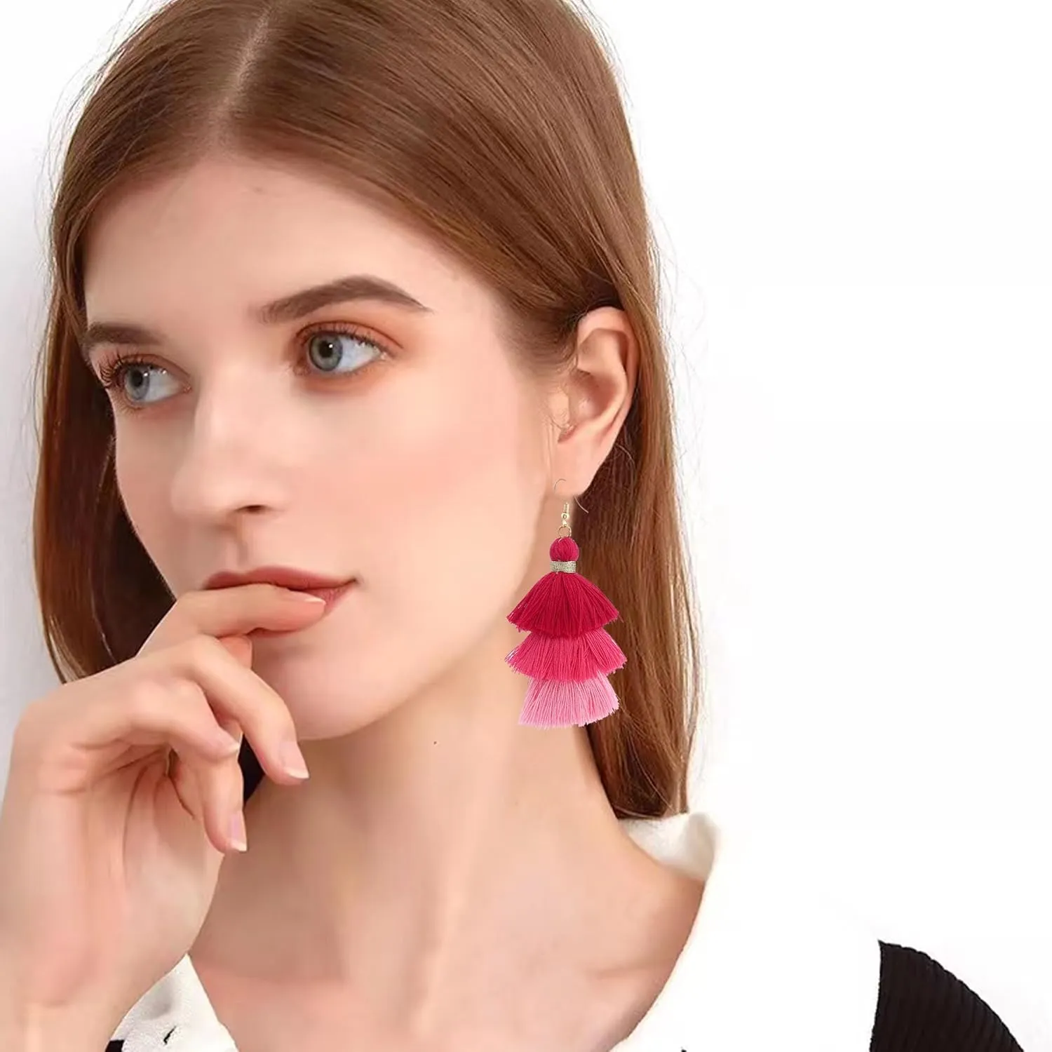 Bohemian Layered Multi Color Tassel Earrings for Women Colorful Triple Layers Tiered Gradient Tassel Dangle Drop Earrings Valentine Party Jewelry