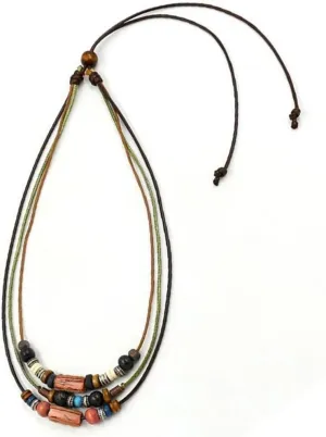 Bohemian Multilayer Colorful Wooden Beads Necklace Vintage Western Braided Necklace Trendy Long Sweater Chain for Men Women Jewelry