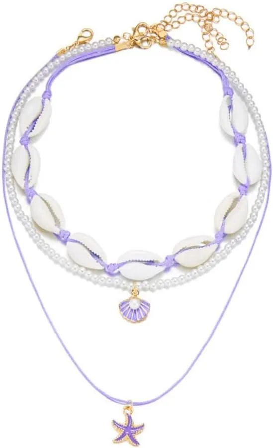 Bohemian Puka Shell Starfish Scallop Choker Necklace for Women Boho Handmade Summer Beach Seashell Imitation Pearl Layered Necklace Hawaii Holiday Jewelry Gift