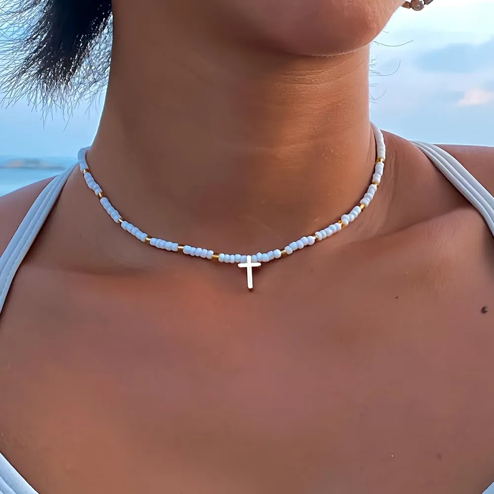 Bohemian Stackable Bead Necklace for Women Bohemian Style Boho Rainbow Cross Necklace