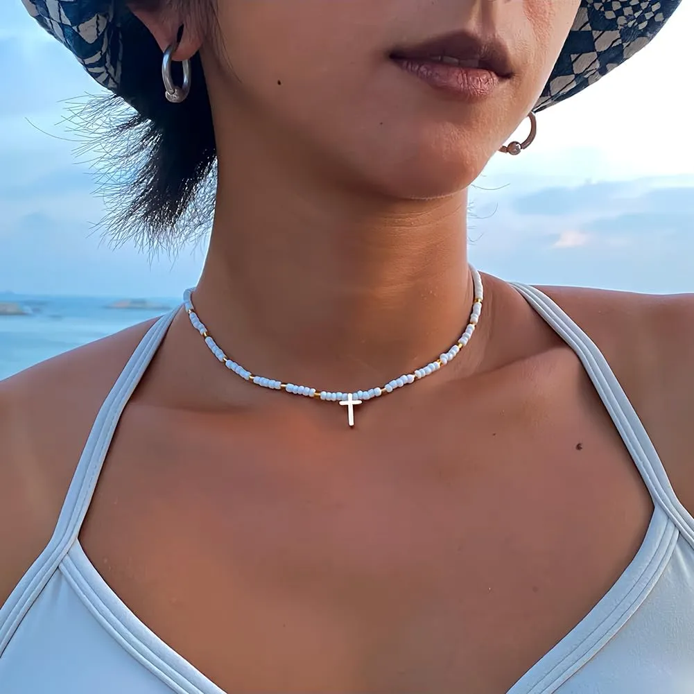 Bohemian Stackable Bead Necklace for Women Bohemian Style Boho Rainbow Cross Necklace
