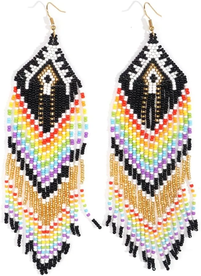 Bohemian Tassel Colorful Beaded Earrings For Women Trendy, Long Fringe Feather Drop Jewelry Handmade Gifts.