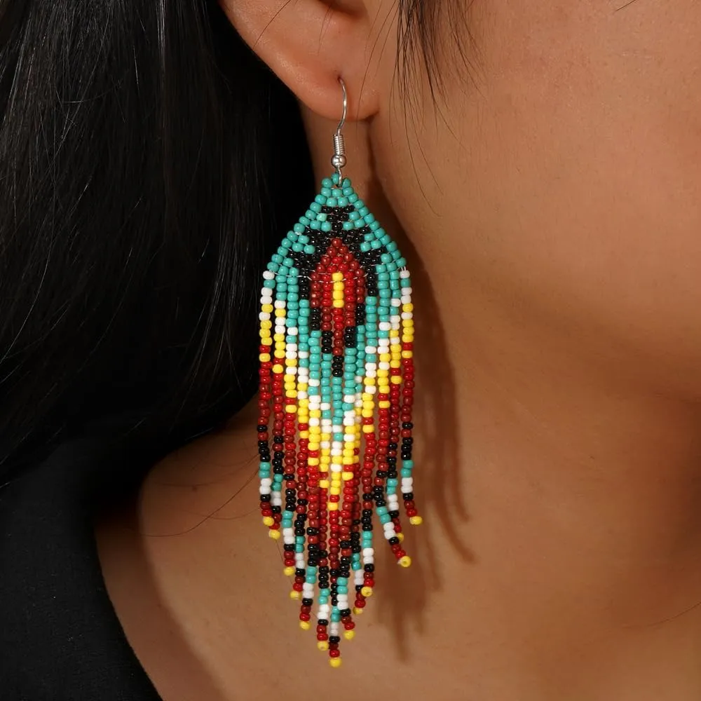Bohemian Tassel Colorful Beaded Earrings For Women Trendy, Long Fringe Feather Drop Jewelry Handmade Gifts.