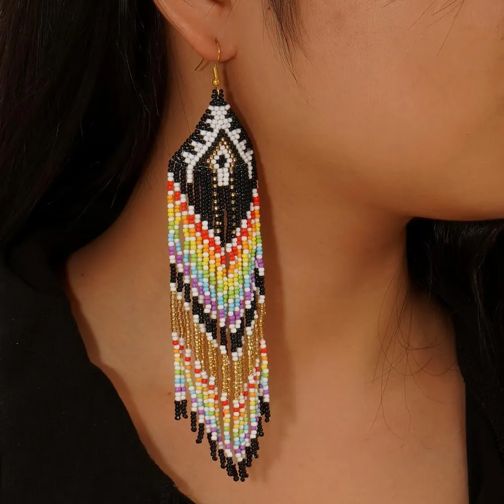 Bohemian Tassel Colorful Beaded Earrings For Women Trendy, Long Fringe Feather Drop Jewelry Handmade Gifts.