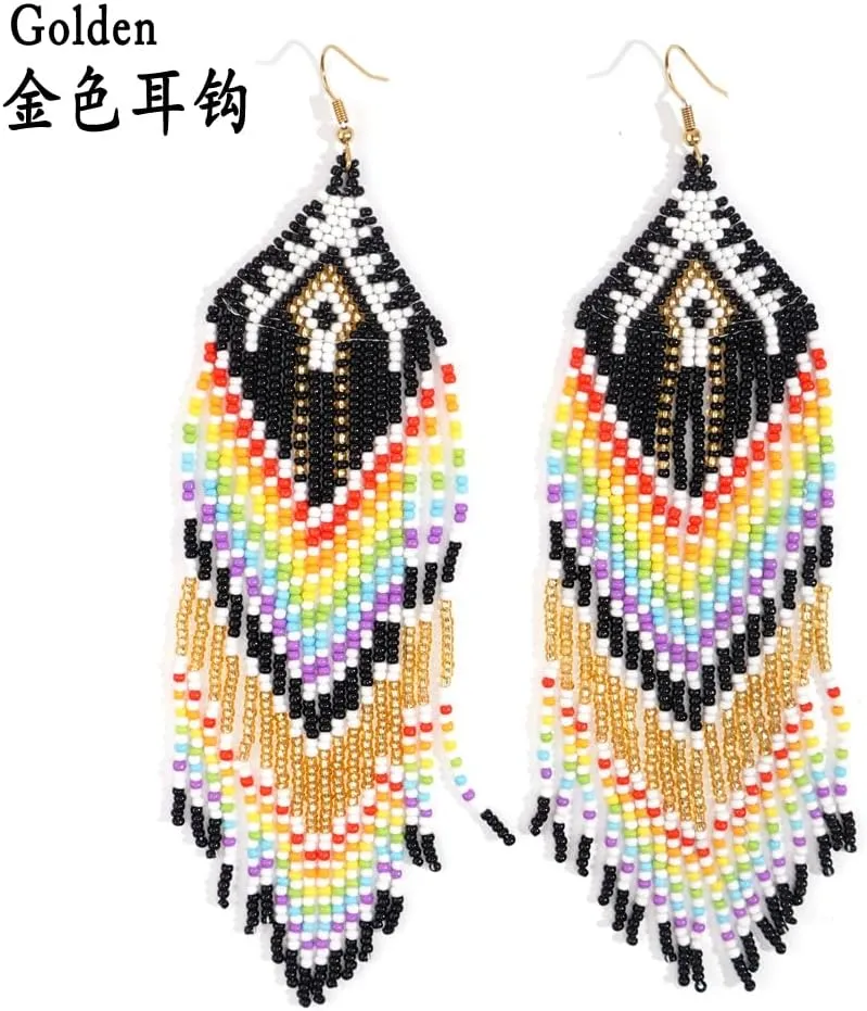 Bohemian Tassel Colorful Beaded Earrings For Women Trendy, Long Fringe Feather Drop Jewelry Handmade Gifts.