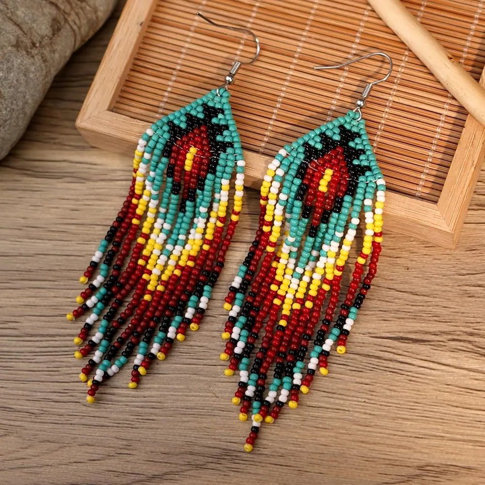 Bohemian Tassel Colorful Beaded Earrings For Women Trendy, Long Fringe Feather Drop Jewelry Handmade Gifts.