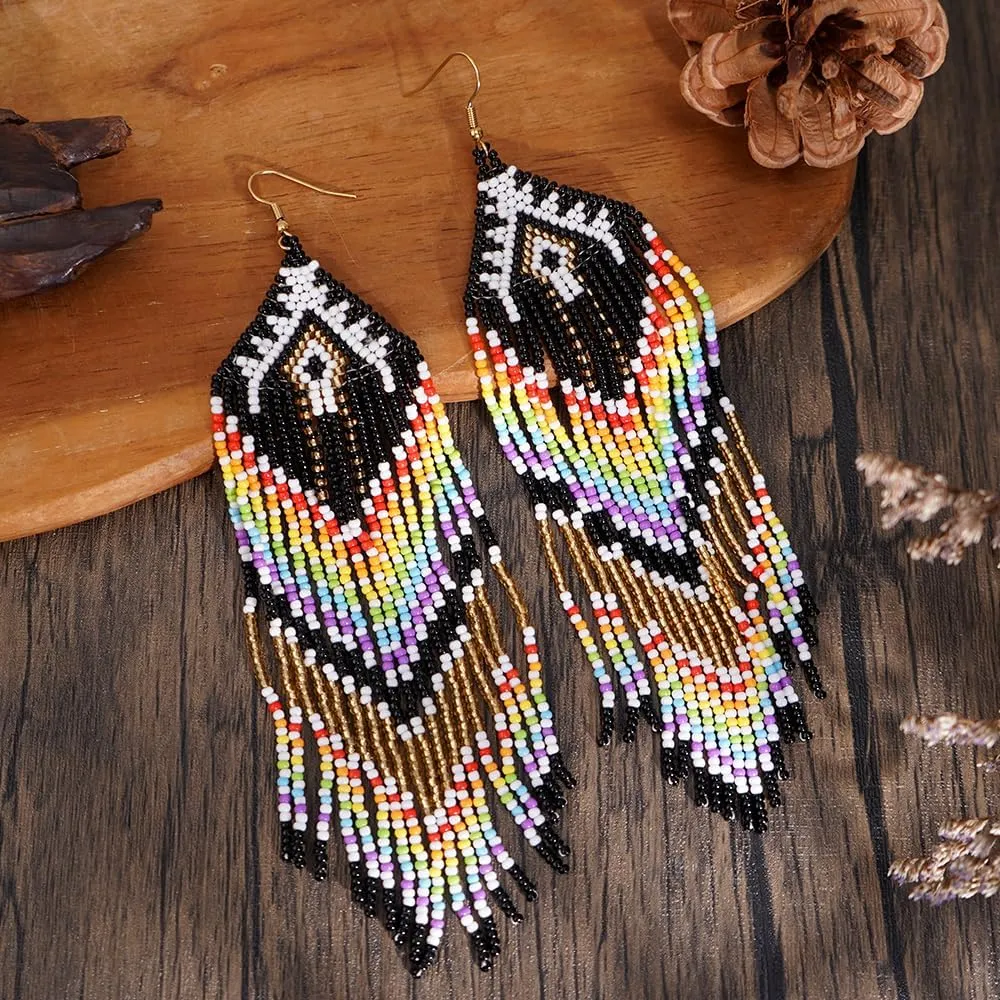 Bohemian Tassel Colorful Beaded Earrings For Women Trendy, Long Fringe Feather Drop Jewelry Handmade Gifts.