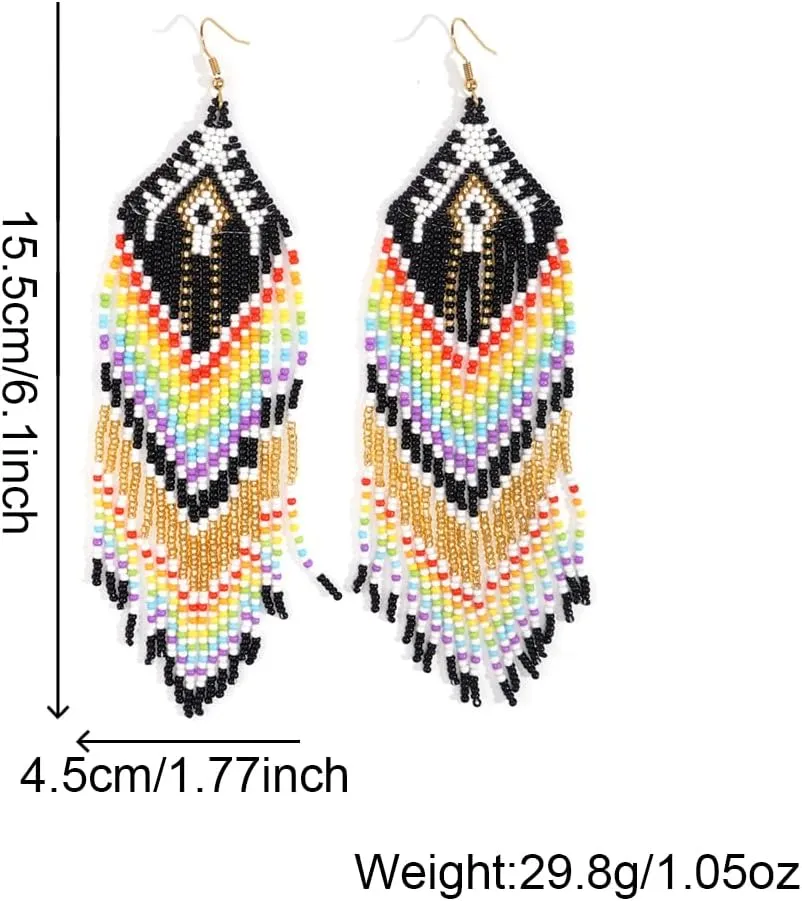 Bohemian Tassel Colorful Beaded Earrings For Women Trendy, Long Fringe Feather Drop Jewelry Handmade Gifts.
