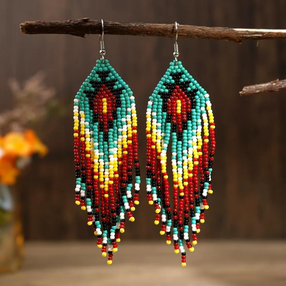 Bohemian Tassel Colorful Beaded Earrings For Women Trendy, Long Fringe Feather Drop Jewelry Handmade Gifts.
