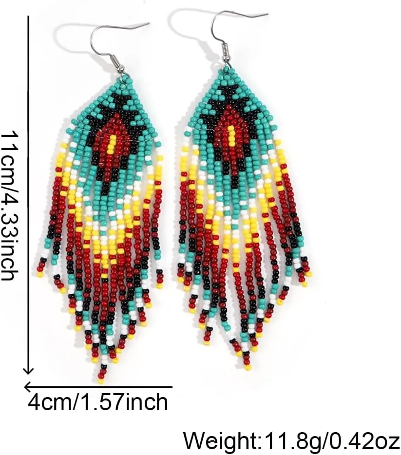 Bohemian Tassel Colorful Beaded Earrings For Women Trendy, Long Fringe Feather Drop Jewelry Handmade Gifts.
