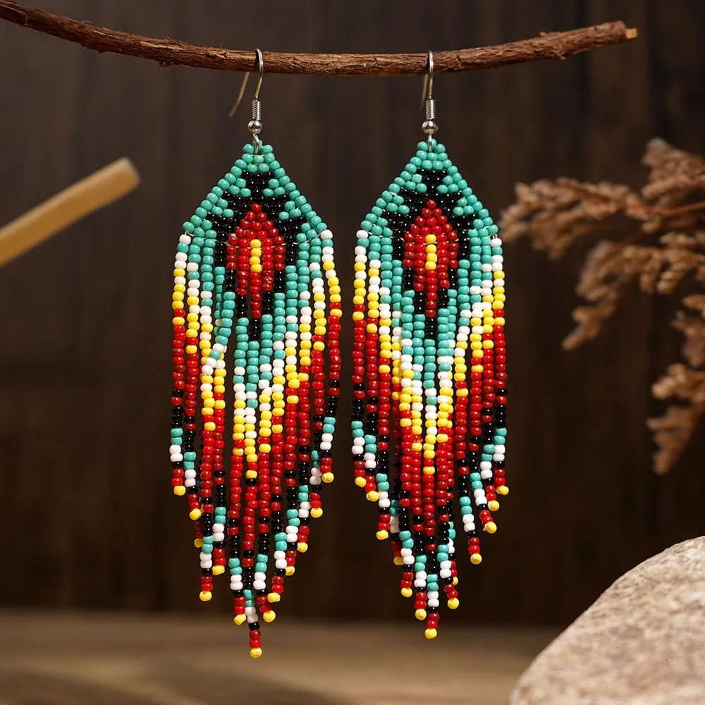 Bohemian Tassel Colorful Beaded Earrings For Women Trendy, Long Fringe Feather Drop Jewelry Handmade Gifts.