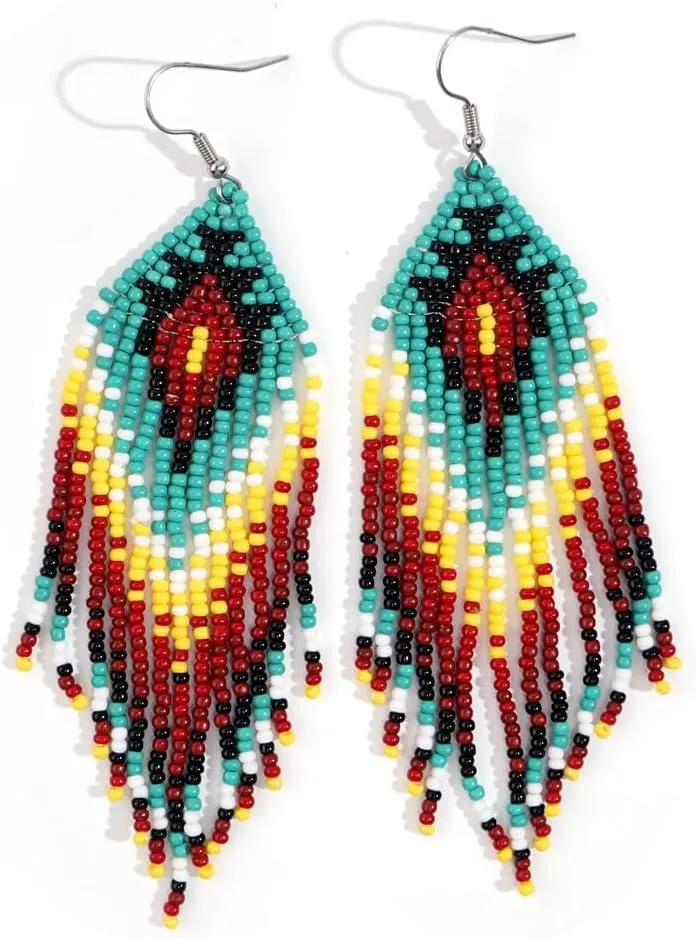 Bohemian Tassel Colorful Beaded Earrings For Women Trendy, Long Fringe Feather Drop Jewelry Handmade Gifts.