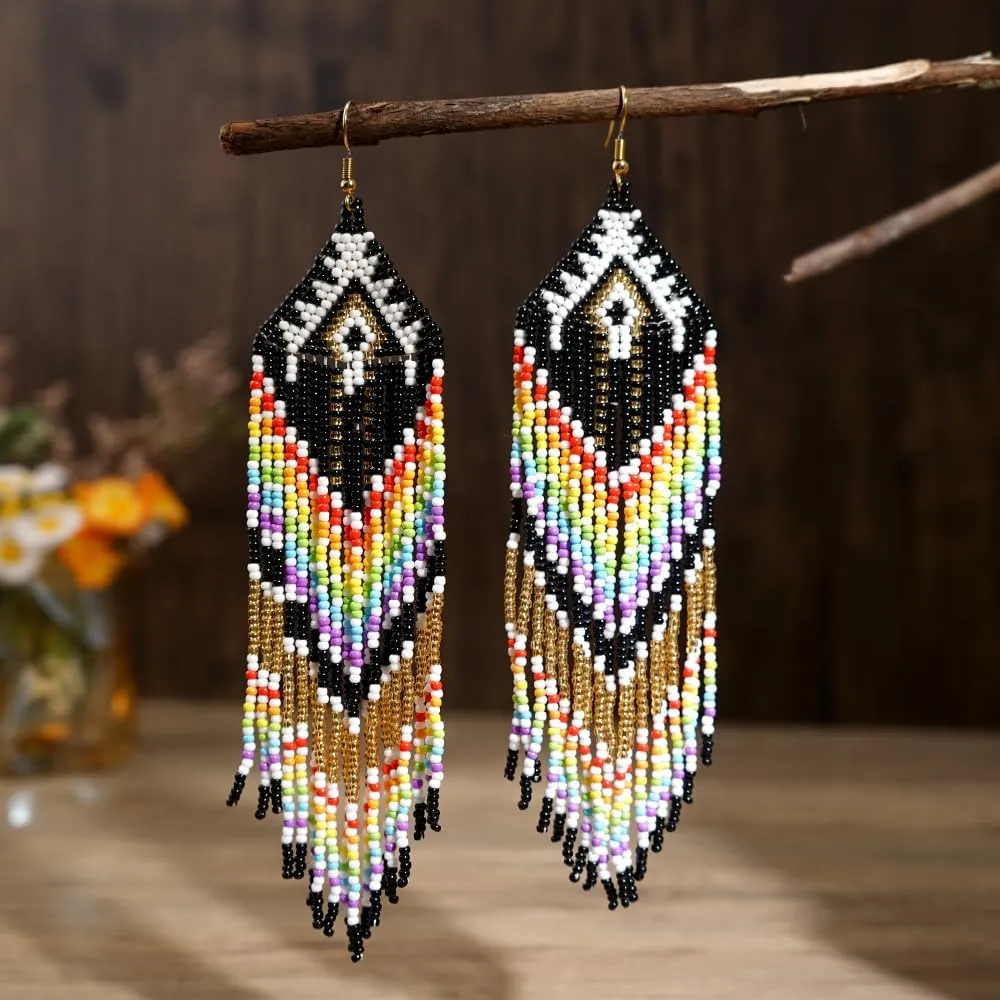 Bohemian Tassel Colorful Beaded Earrings For Women Trendy, Long Fringe Feather Drop Jewelry Handmade Gifts.