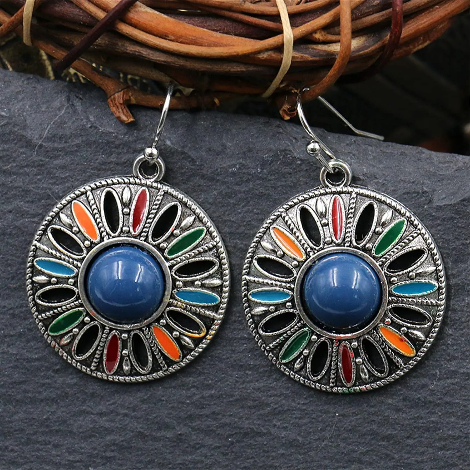 Bohemian Vintage Sliver Enamel Flower Circle Disc Lightweight Dangle Drop Earrings National Style Geometry Coin Hook Earrings For Women Jewelry Gifts