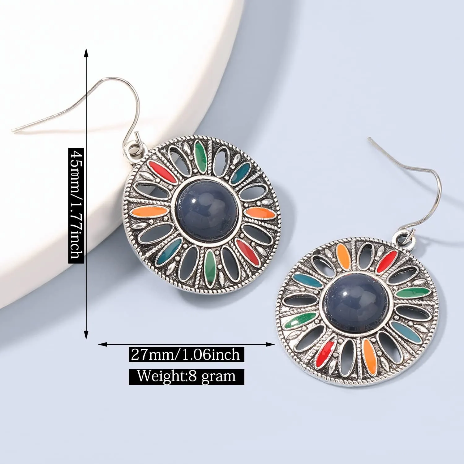 Bohemian Vintage Sliver Enamel Flower Circle Disc Lightweight Dangle Drop Earrings National Style Geometry Coin Hook Earrings For Women Jewelry Gifts