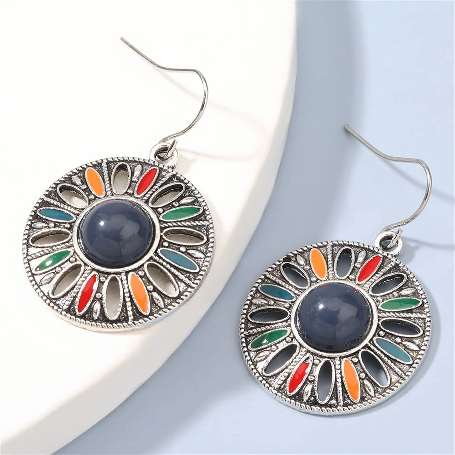 Bohemian Vintage Sliver Enamel Flower Circle Disc Lightweight Dangle Drop Earrings National Style Geometry Coin Hook Earrings For Women Jewelry Gifts