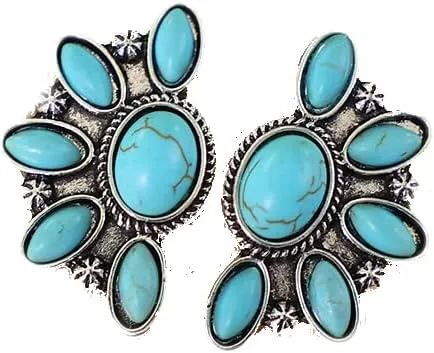 Bohemian Western Natural Turquoise Geometric Flower Drop Dangle Earrings Ethnic Teardrop for Women Statement Ethnic Boho Jewelry