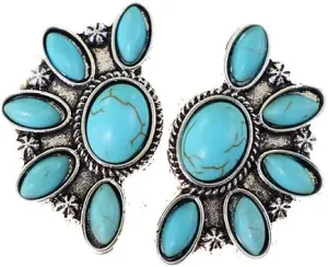 Bohemian Western Natural Turquoise Geometric Flower Drop Dangle Earrings Ethnic Teardrop for Women Statement Ethnic Boho Jewelry