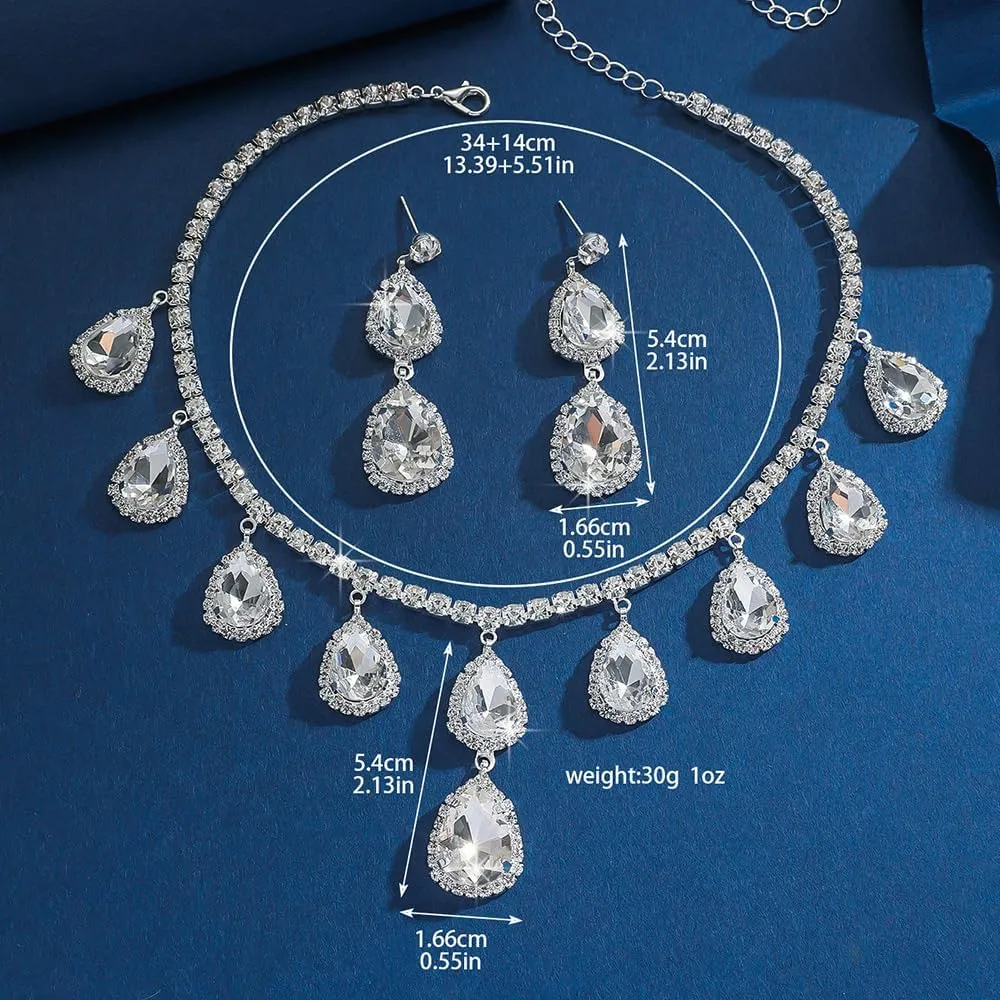 Boho Bridal Wedding Fashion Red Green Blue Shinny Necklace Silver Rhinestones Choker Necklace Earrings Set Dainty Sexy Choker Necklace Halloween Christmas Necklace for Women