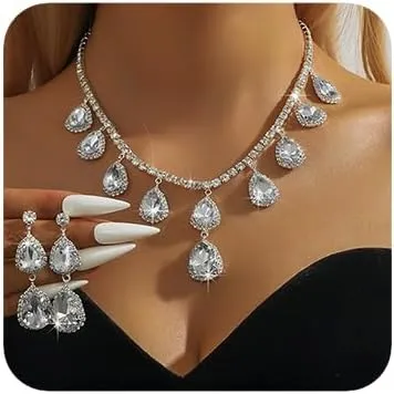 Boho Bridal Wedding Fashion Red Green Blue Shinny Necklace Silver Rhinestones Choker Necklace Earrings Set Dainty Sexy Choker Necklace Halloween Christmas Necklace for Women