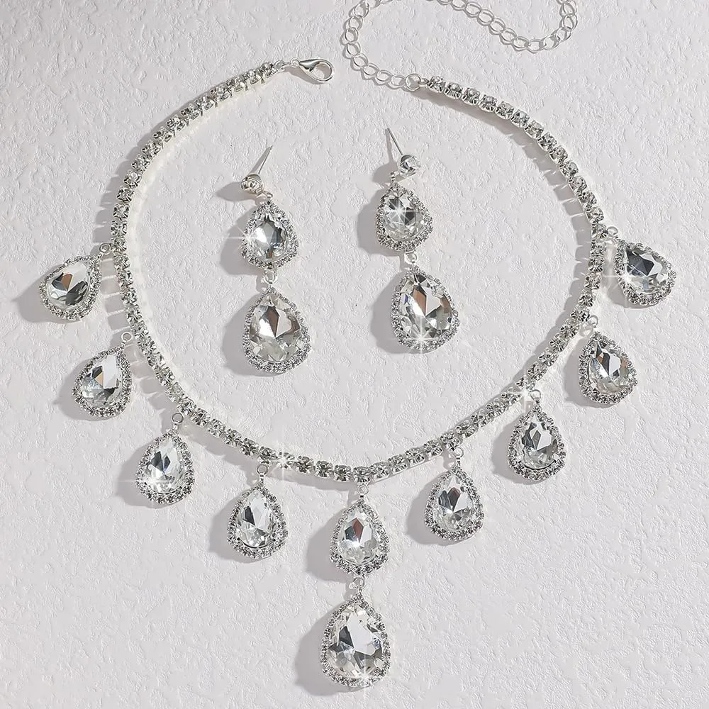 Boho Bridal Wedding Fashion Red Green Blue Shinny Necklace Silver Rhinestones Choker Necklace Earrings Set Dainty Sexy Choker Necklace Halloween Christmas Necklace for Women