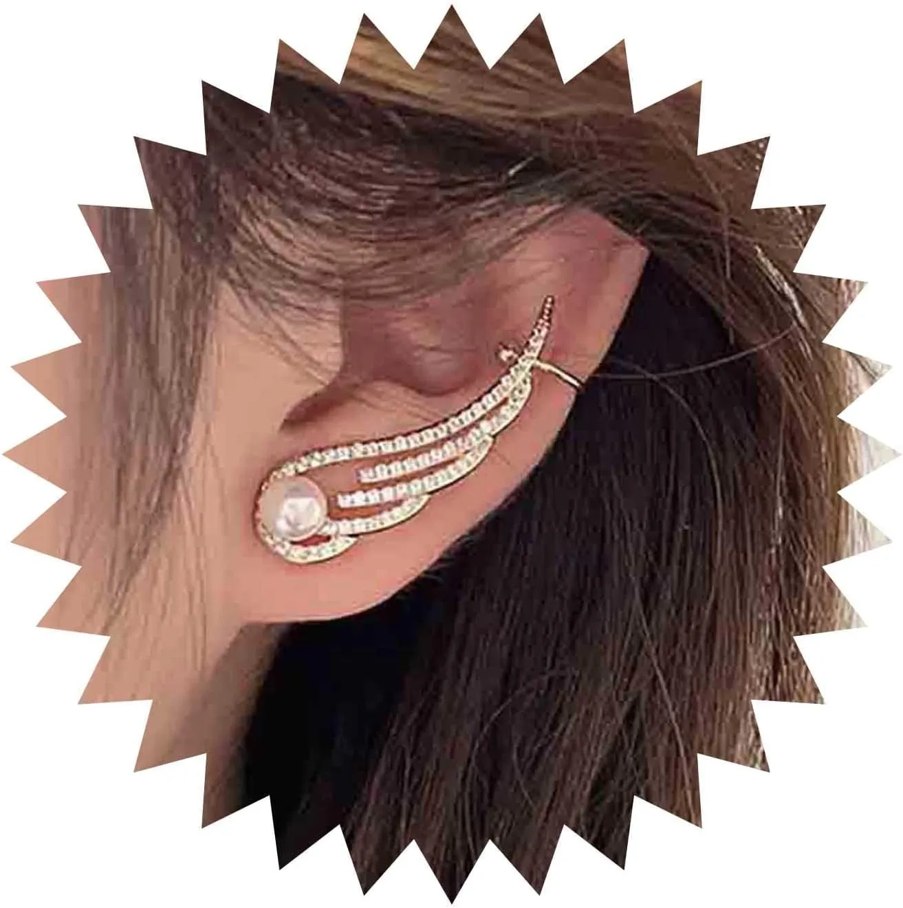 Boho Cz Wing Ear Climber Earrings Gold Pearl Stud Earring Crystal Angel Wing Crawler Earring Pearl Wing Ear Cuff Earring Jewelry for Women (Left)