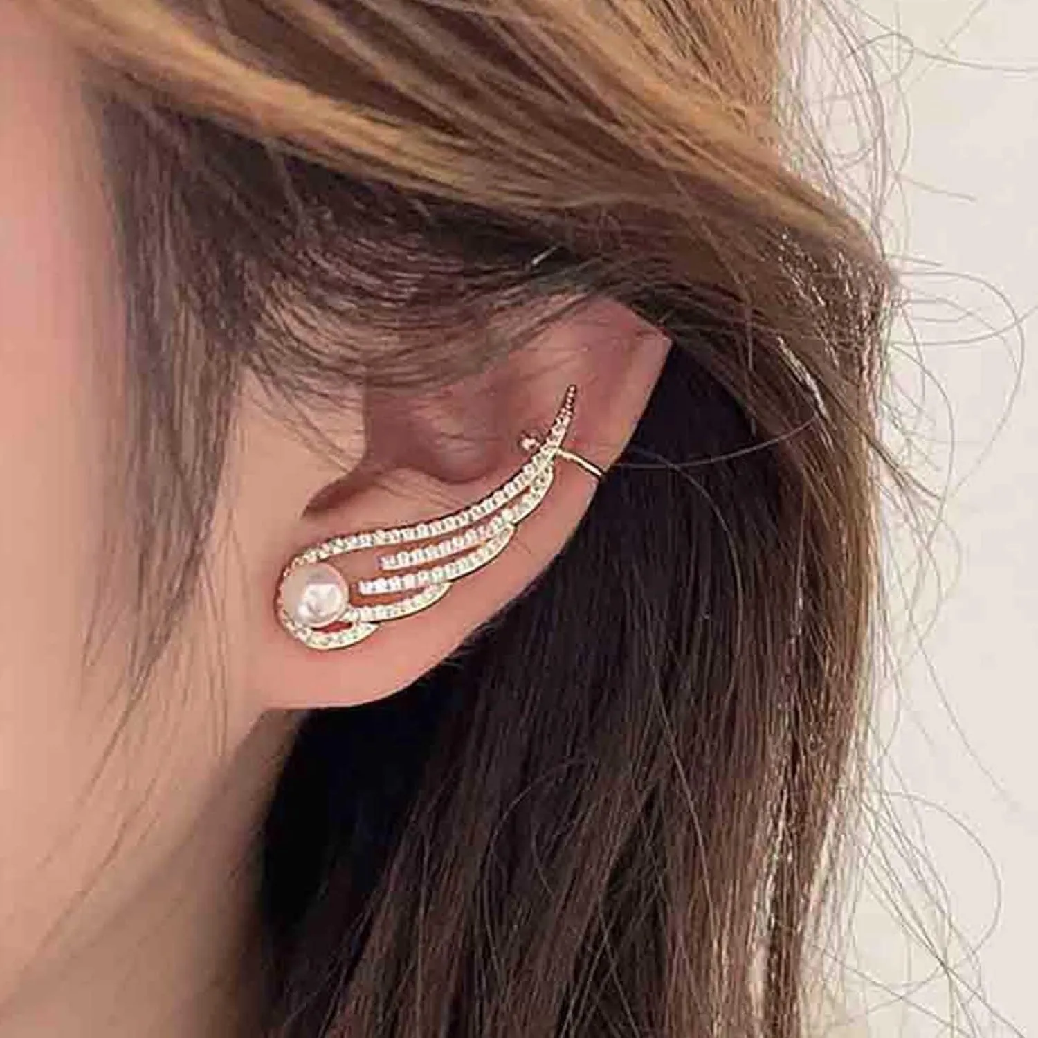 Boho Cz Wing Ear Climber Earrings Gold Pearl Stud Earring Crystal Angel Wing Crawler Earring Pearl Wing Ear Cuff Earring Jewelry for Women (Left)