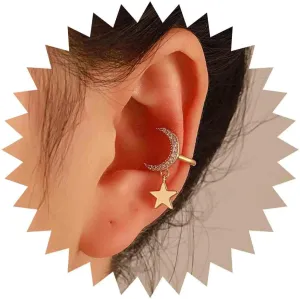 Boho Earring Crystal Star Moon Ear Clips Earring Single Gold Crescent Moon Cuff Wrap Earring Statement Star Non Piercing Cartilage Clip on Crawler Earring Jewelry for Women