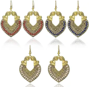 Boho Earrings Pack Antique Gold Cut-Out Chandelier Earrings Dangling Traditional Indian Dangle Earrings Set Gypsy Tribal Earrings Jewelry for Women 3 Pairs