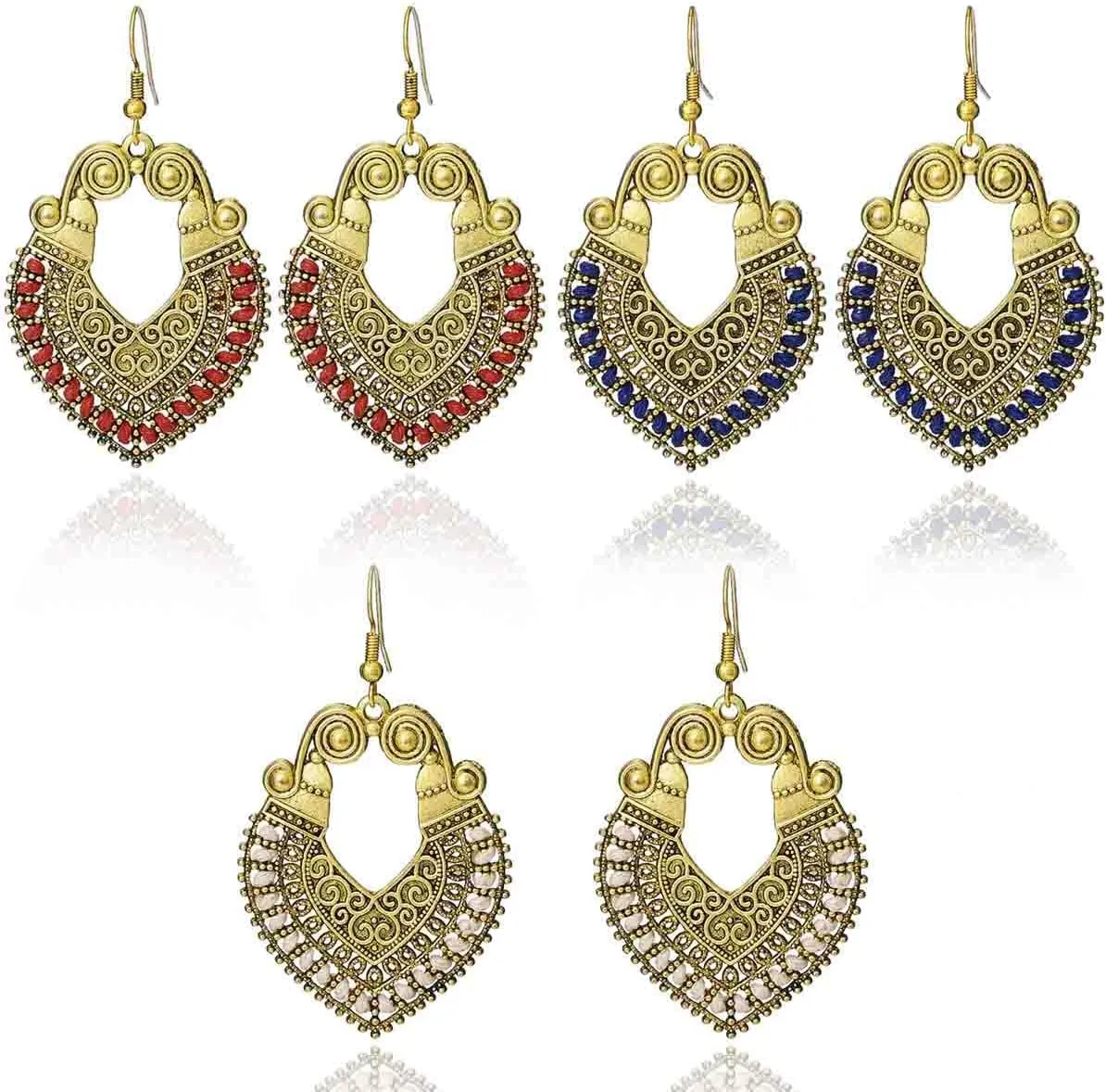 Boho Earrings Pack Antique Gold Cut-Out Chandelier Earrings Dangling Traditional Indian Dangle Earrings Set Gypsy Tribal Earrings Jewelry for Women 3 Pairs