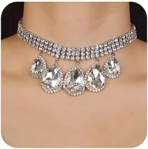 Boho Fashion Prom Shinny Full Rhinestones Waterdrop Choker Necklace Dainty Layered Sexy Body Chain Choker Necklace Dainty Gold Silver Halloween Christmas Necklace Jewelry Gift for Women