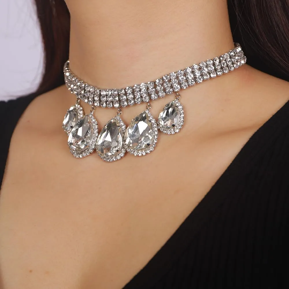 Boho Fashion Prom Shinny Full Rhinestones Waterdrop Choker Necklace Dainty Layered Sexy Body Chain Choker Necklace Dainty Gold Silver Halloween Christmas Necklace Jewelry Gift for Women