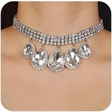 Boho Fashion Prom Shinny Full Rhinestones Waterdrop Choker Necklace Dainty Layered Sexy Body Chain Choker Necklace Dainty Gold Silver Halloween Christmas Necklace Jewelry Gift for Women