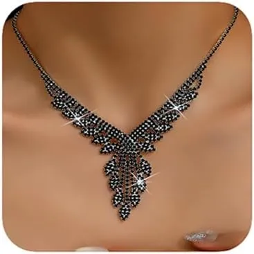 Boho Fashion Prom Shinny Luxury Black Rhinestones Choker Necklace Earrings Set Dainty Layered Sexy Body Chain Choker Necklace Dainty Halloween Christmas Necklace for Women