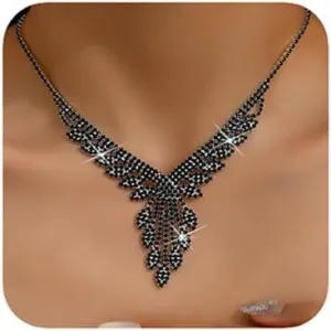 Boho Fashion Prom Shinny Luxury Black Rhinestones Choker Necklace Earrings Set Dainty Layered Sexy Body Chain Choker Necklace Dainty Halloween Christmas Necklace for Women