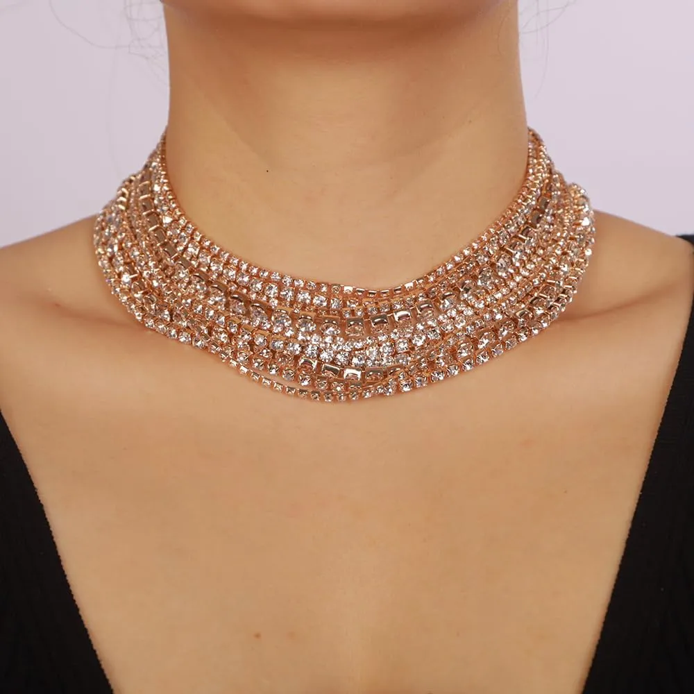Boho Fashion Prom Shinny Luxury Rhinestones Choker Necklace Dainty Layered Sexy Body Chain Choker Necklace Dainty Gold Silver Halloween Christmas Necklace Gift for Women