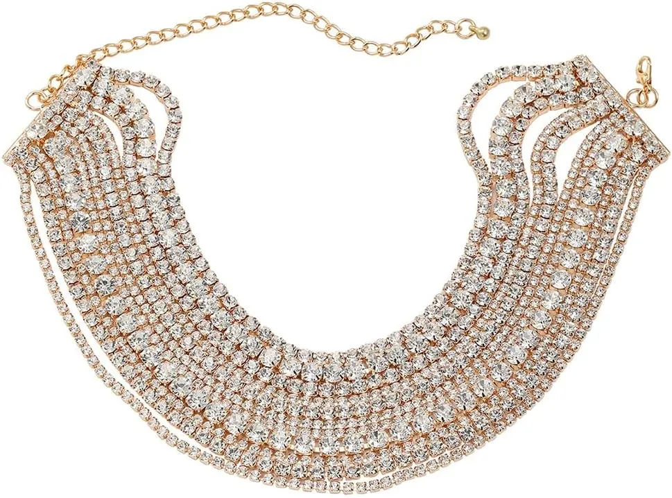 Boho Fashion Prom Shinny Luxury Rhinestones Choker Necklace Dainty Layered Sexy Body Chain Choker Necklace Dainty Gold Silver Halloween Christmas Necklace Gift for Women