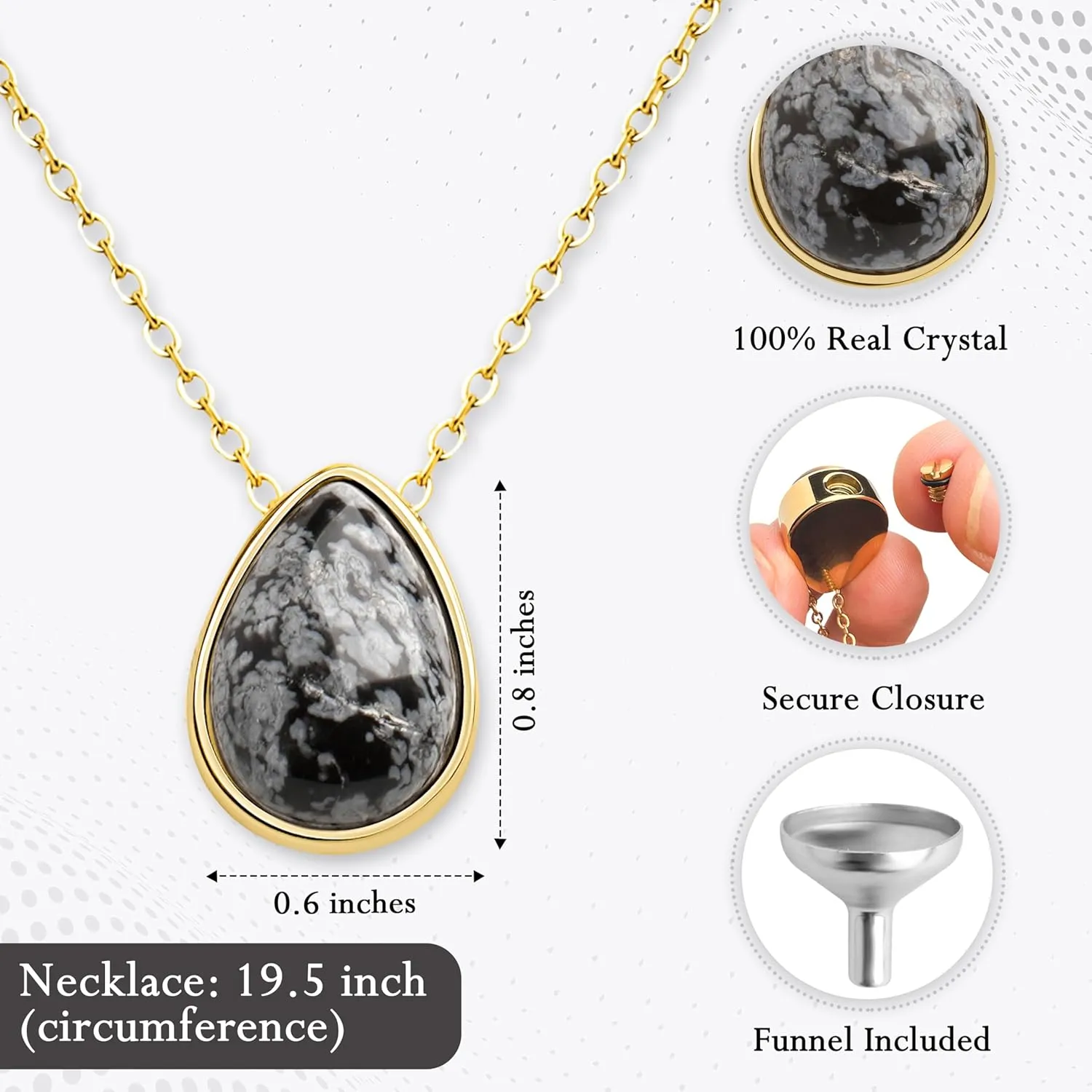 BOHO GARDEN Crystal Urn Necklace - Beautiful Cremation Jewelry For Ashes with Gem Stones - Remembrance Pendant Locket for Holding Human or Pet Cremains - Comes with Funnel, Spoon, Stick - 0.8"