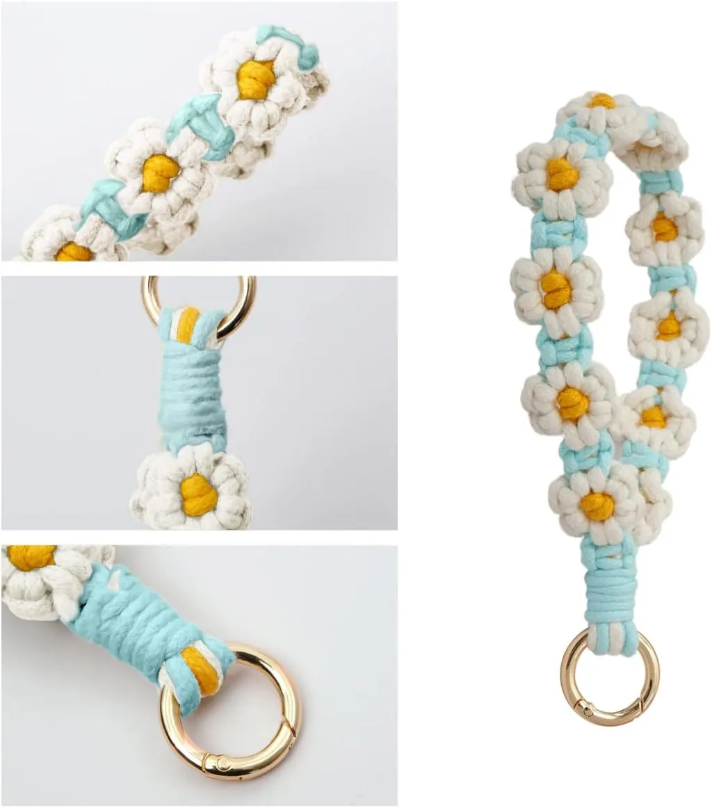 Boho Keychain Handmade Keychain Wristlet Key Chain Wrist Lanyard for Keys Cute daisy keychain for Women