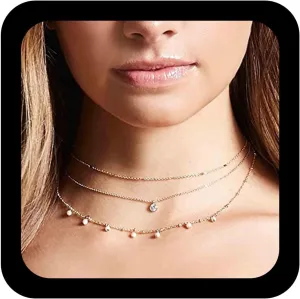 Boho Layered Crystal Choker Necklace Gold Pearl Dangle Necklace Multilayered Pearl Chain Necklace Tiny Rhinestone Dot Necklace Chain Jewelry