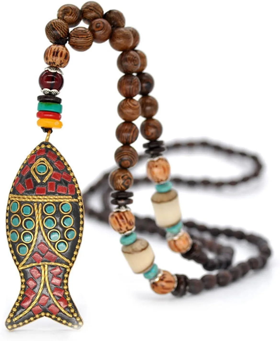 Boho Nepal Mala Wood Bead Fish Elephant Long Pendant Necklace for Women Friend Vintage Chunky Wooden Rosary Statement Sweater Chain Necklace Handmade Ethnic Meditation Prayer Jewelry