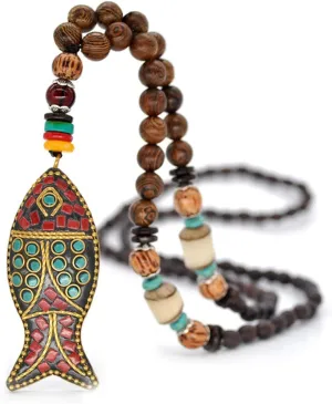Boho Nepal Mala Wood Bead Fish Elephant Long Pendant Necklace for Women Friend Vintage Chunky Wooden Rosary Statement Sweater Chain Necklace Handmade Ethnic Meditation Prayer Jewelry