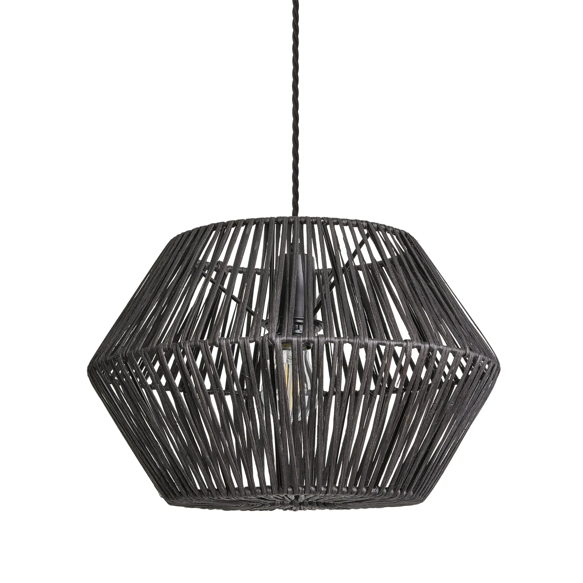 Boho Rattan Ceiling Pendant Light - 15 Inch - Hex - Black